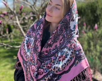 Wool scarf floral UNIQUE pink Ethnic Folk Wool 120*120 Shawl Slavic Babushka Chic Boho Gift for Her traditional big shawl gift for Mother