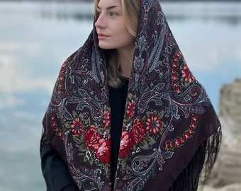 Ethnic Folk Ukrainian Wool Shawl Babushka Floral Scarf Modern Chic Boho Gift for Her Ethnic Shawl Floral Scarf Slavic Scarf ショール