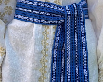 Blue Woven Ukrainian Belt, Folk Ethnic Sash, Wool Blend