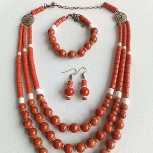 Ukrainian Ceramic Jewelry Set – Folk Style Necklace, Bracelet & Earrings | Handmade Red Beaded Set | Traditional Boho Gift for Her