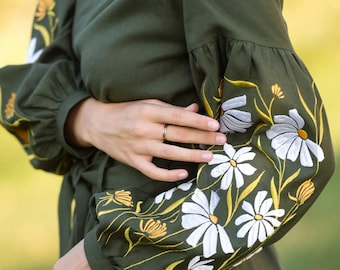 Vestido verde bordado em algodão, vestido ucraniano Vyshyvanka, vestido maxi boho folk, roupa tradicional ucraniana