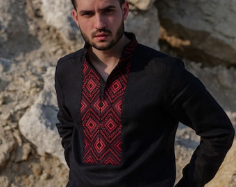 Black Linen Ukrainian Vyshyvanka Shirt, Embroidered Folk Top