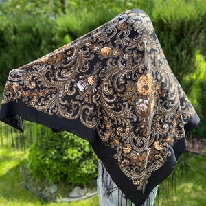 Black 140x140 floral scarf wool floral Boho Style Ukrainian Tradition Embroidered Shawl Flowers and Fringe folk costume babushka scarf image 7