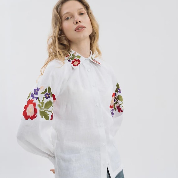 Boho Beige White Blouse Sorochka With Ukrainian Folk Embroidery