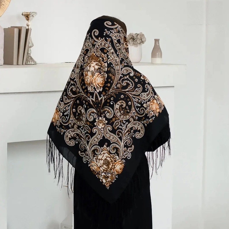 Black floral scarf wool floral Boho Style Ukrainian Tradition Embroidered Shawl Flowers and Fringe Detailing foulard slave babushka scarf image 4