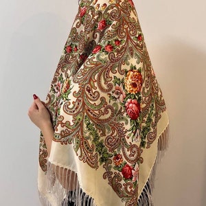 Ethnic Folk Wool Shawl Slavic Beige Floral Scarf Modern Chic Boho Pavlovo Posad with Classic Timeless Floral Gift for Her Easter gift