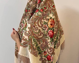 Ethnic Folk Wool Shawl Slavic Beige Floral Scarf Modern Chic Boho Pavlovo Posad with Classic Timeless Floral Gift for Her Easter gift