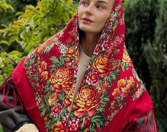 Ukrainian shawl 80% Wool burgundy Ukraine sellers Ukraine shops floral Vintage Ukraine wool scarf Ethnic folk traditional gifts for women