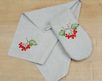 Kitchen set of gloves and a towel Linen Embroidery Tea Towel, Natural Linen Kitchen Towel Soft Linen Towel Gift Eco Handmade Ukrainian