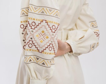 Embroidered Vyshyvanka Dress, Beige Cotton, Ukrainian Folk Fashion