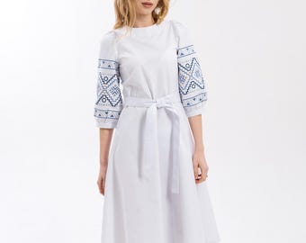 Embroidered Vyshyvanka Dress - White Cotton Folk Ukrainian Clothing