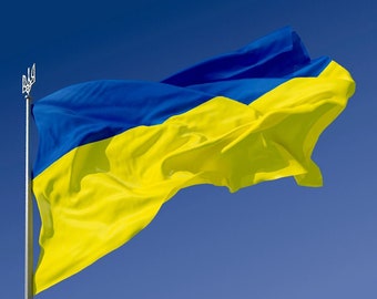 Bandera de Ucrania de 140 x 90 cm, fabricada en Ucrania. Bandera nacional ucraniana de gran tamaño. Tienda de vendedores en Ucrania.
