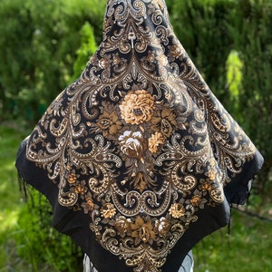 Black 140x140 floral scarf wool floral Boho Style Ukrainian Tradition Embroidered Shawl Flowers and Fringe folk costume babushka scarf image 2