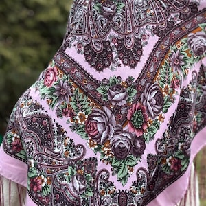 Ukrainian Floral Wool Shawl in Pink Babushka Floral Scarf Modern Chic Boho Gift for Her Ethnic Shawl Floral Scarf Slavic Scarf Traditional