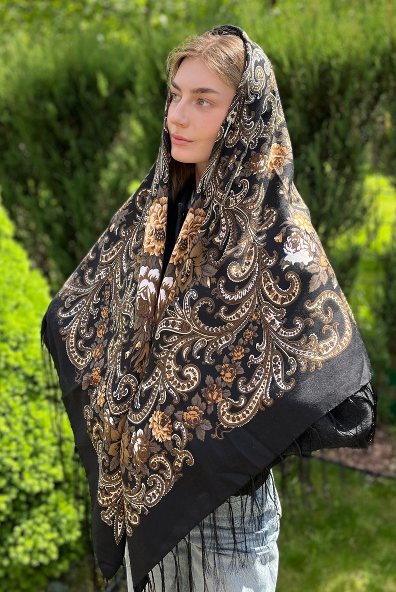 Black 140x140 floral scarf wool floral Boho Style Ukrainian Tradition Embroidered Shawl Flowers and Fringe folk costume babushka scarf image 4