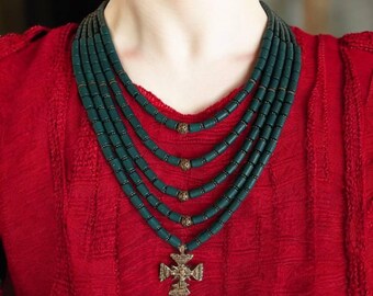 Ukrainian Beaded Necklace, Dark Green Seed Bead Necklace with Cross Pendant, Ethnic Style Jewelry