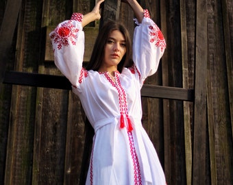 White Linen embroidered Dress Ukrainian Dress, Vyshyvanka dress Gift for Her, Gift for Girl, Gift for Wife, Ukraine Dress woman Mothers Day