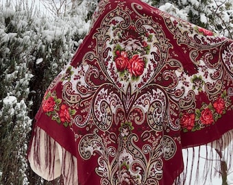 Burgundy Floral Wool Shawl, Ukrainian Folk Style with Fringe