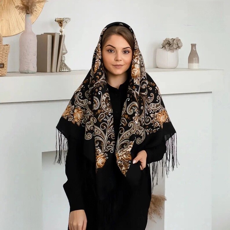 Black floral scarf wool floral Boho Style Ukrainian Tradition Embroidered Shawl Flowers and Fringe Detailing foulard slave babushka scarf image 3