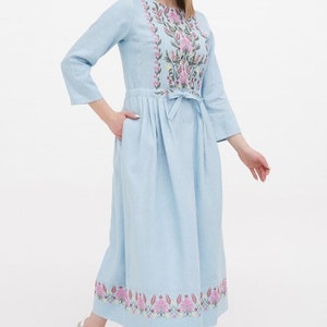 Boho Linen Ukrainian Dress Flower Dress Embroidered Dress Caftan Chic Nationale Ukrainian Vyshyvanka Linen Dresses Custom Clothing Bohemian image 8