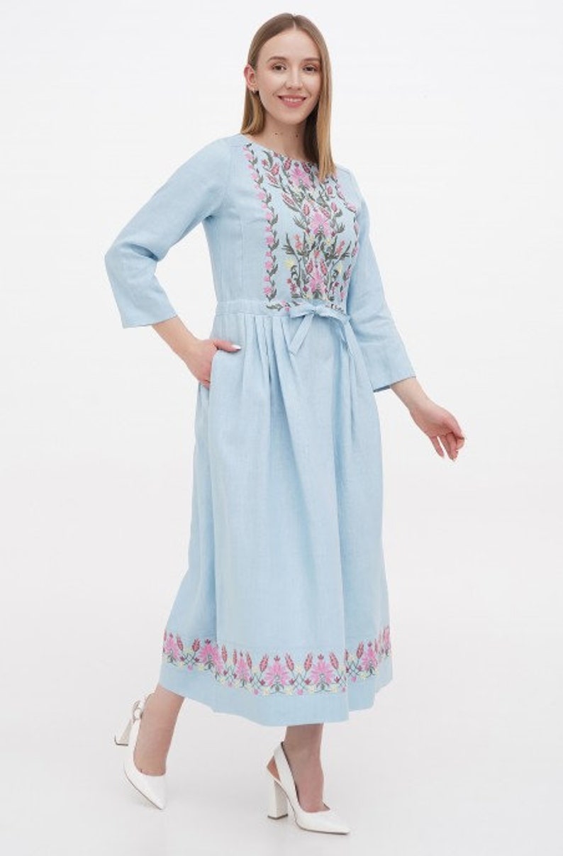 Boho Linen Ukrainian Dress Flower Dress Embroidered Dress Caftan Chic Nationale Ukrainian Vyshyvanka Linen Dresses Custom Clothing Bohemian image 8