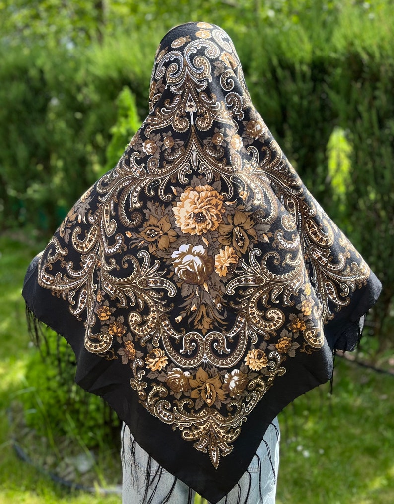 Black 140x140 floral scarf wool floral Boho Style Ukrainian Tradition Embroidered Shawl Flowers and Fringe folk costume babushka scarf image 6