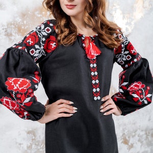 100% Linen Black Dress with Red Embroidery, Ukrainian Style vintage festival outfit embroidered boho chic dress traditional Gift for Her