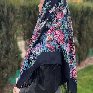 Ethnic Folk Wool Shawl Blue Slavic Floral Scarf Modern Chic Boho with Timeless Floral folk scarf Gift for Her Valentine's Day ショール image 6