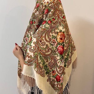 Ukrainian Scarf, Traditional Gifts for Women Boho Scarf Flower, Big Folk Scarf, folk slawisch Ethnic gift folklore schals babushka scarf image 4