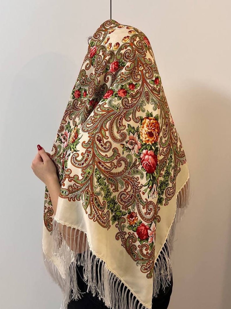 Ukrainian Scarf, Traditional Gifts for Women Boho Scarf Flower, Big Folk Scarf, folk slawisch Ethnic gift folklore schals babushka scarf image 4