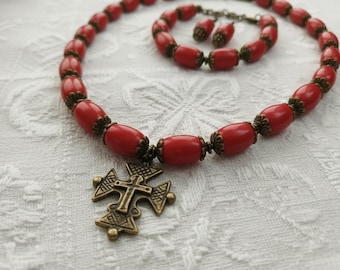 Red Coral Jewelry Set Mother's Day Gift | Natural Stone Necklace Bracelet Earrings | Bronze Cross Pendant | Adjustable Complete Set