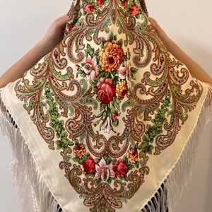 Ukrainian Scarf, Traditional Gifts for Women Boho Scarf Flower, Big Folk Scarf, folk slawisch Ethnic gift folklore schals babushka scarf image 3