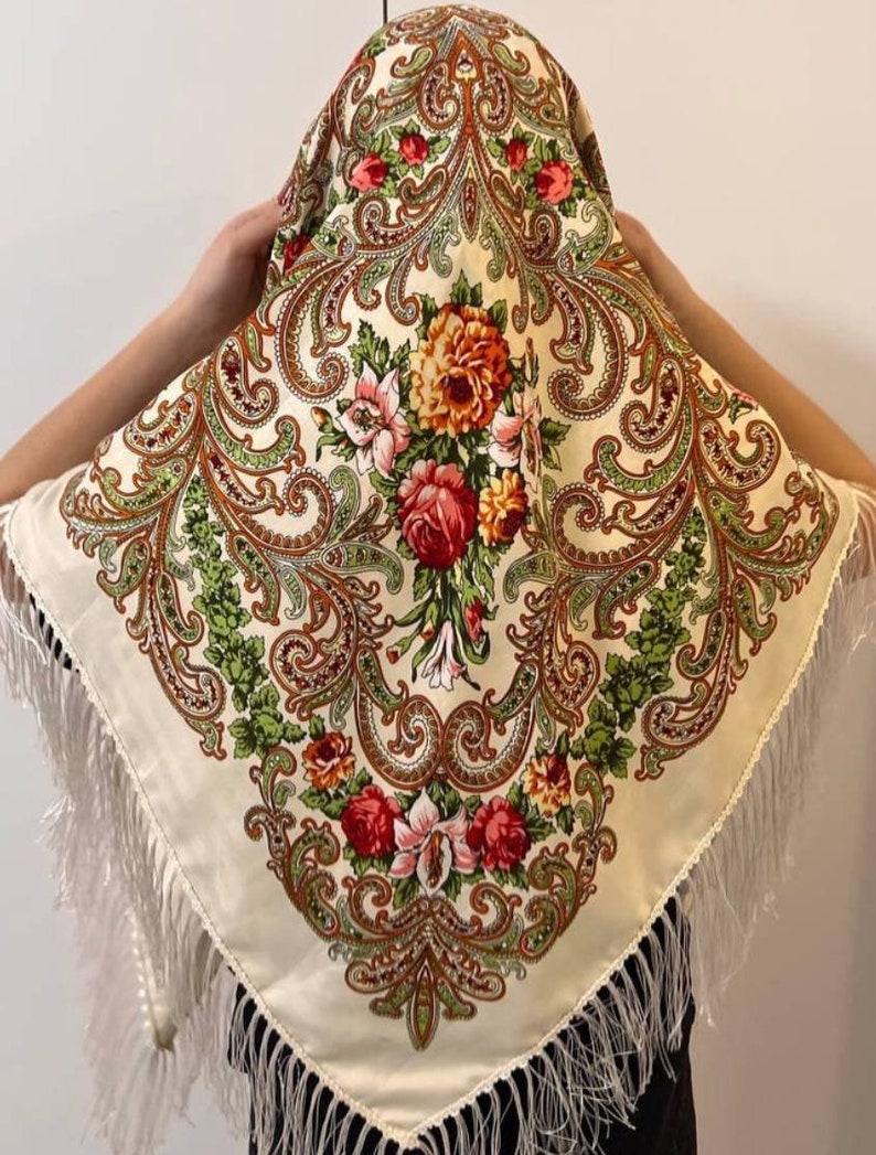 Ukrainian Scarf, Traditional Gifts for Women Boho Scarf Flower, Big Folk Scarf, folk slawisch Ethnic gift folklore schals babushka scarf image 9