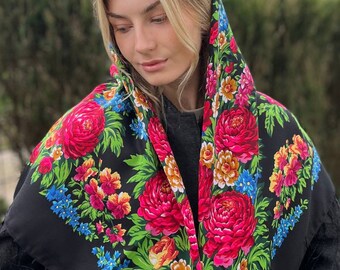 Ukrainian shawl 80% Wool, HijabTraditional Ukrainian scarf, scarf flower, Ethnic Folk Ukrainian Wool Shawl Babushka Floral The Mother’s Day