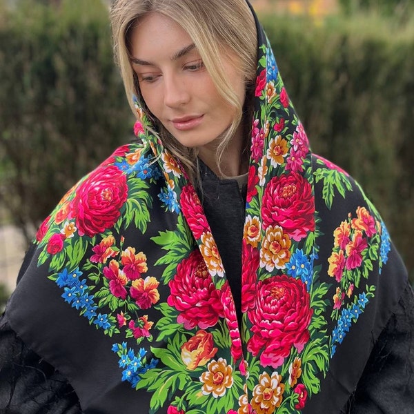 Ukrainische Schal 80% Wolle, HijabTraditional Ukrainischer Schal, Schal Blume, Ethnischer Folkloristischer Wollschal Babuschka Floral Der Muttertag