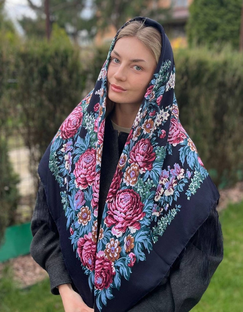 Ethnic Folk Wool Shawl Blue Slavic Floral Scarf Modern Chic Boho with Timeless Floral folk scarf Gift for Her Valentine's Day ショール image 1