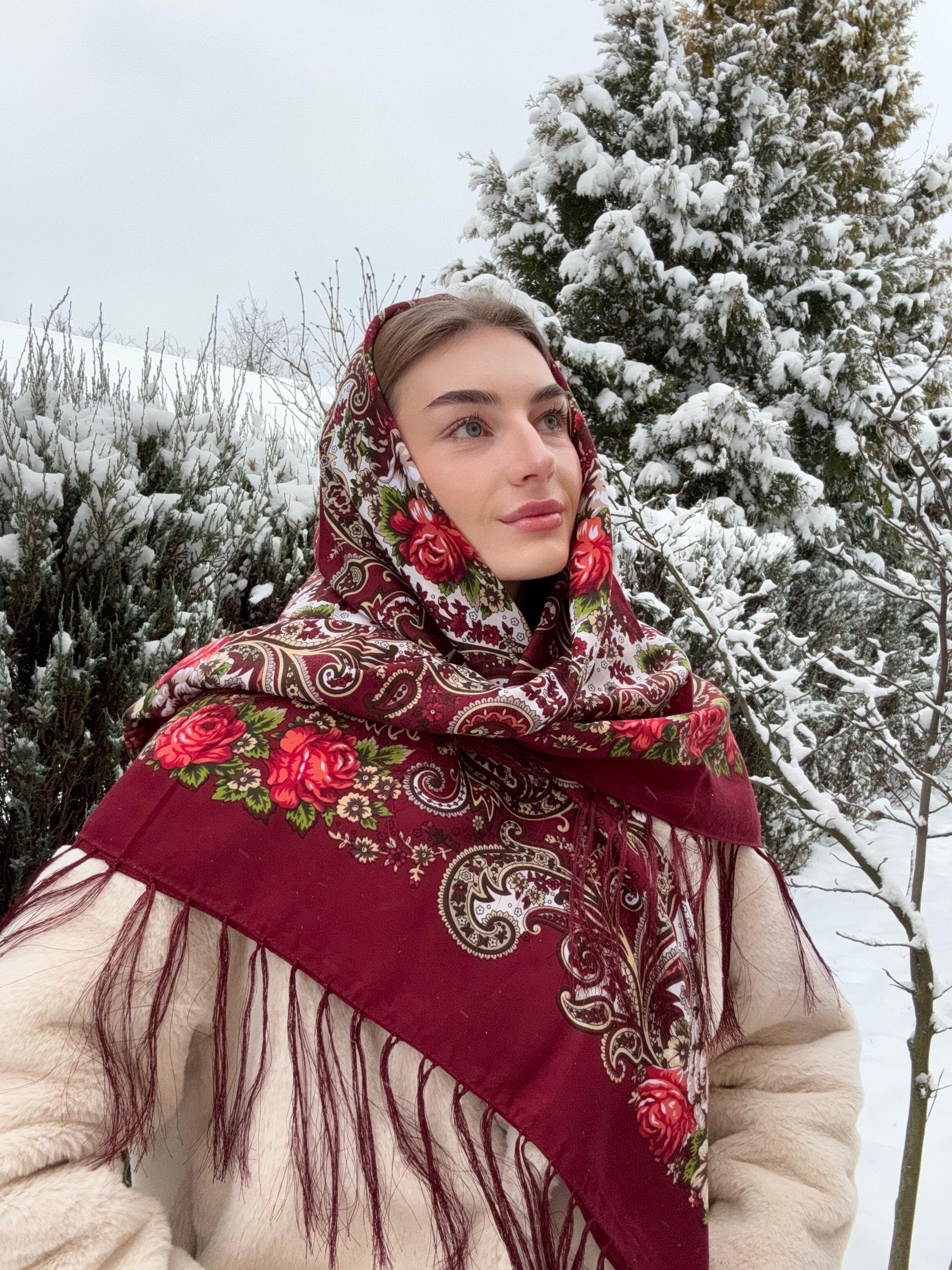 Floral Shawl Head Wrap Old Lady Babushka Head Scarf Russian Scarf