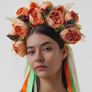 Ukrainian Flower Crown with Removable Ribbons Luxury Ukrainian Floral Crown Handcrafted Flower Headpiece for Weddings, Special Occasions