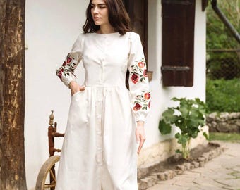White Ukrainian Vyshyvanka Dress, Embroidered Linen Folk Dress, Boho Cottagecore Style