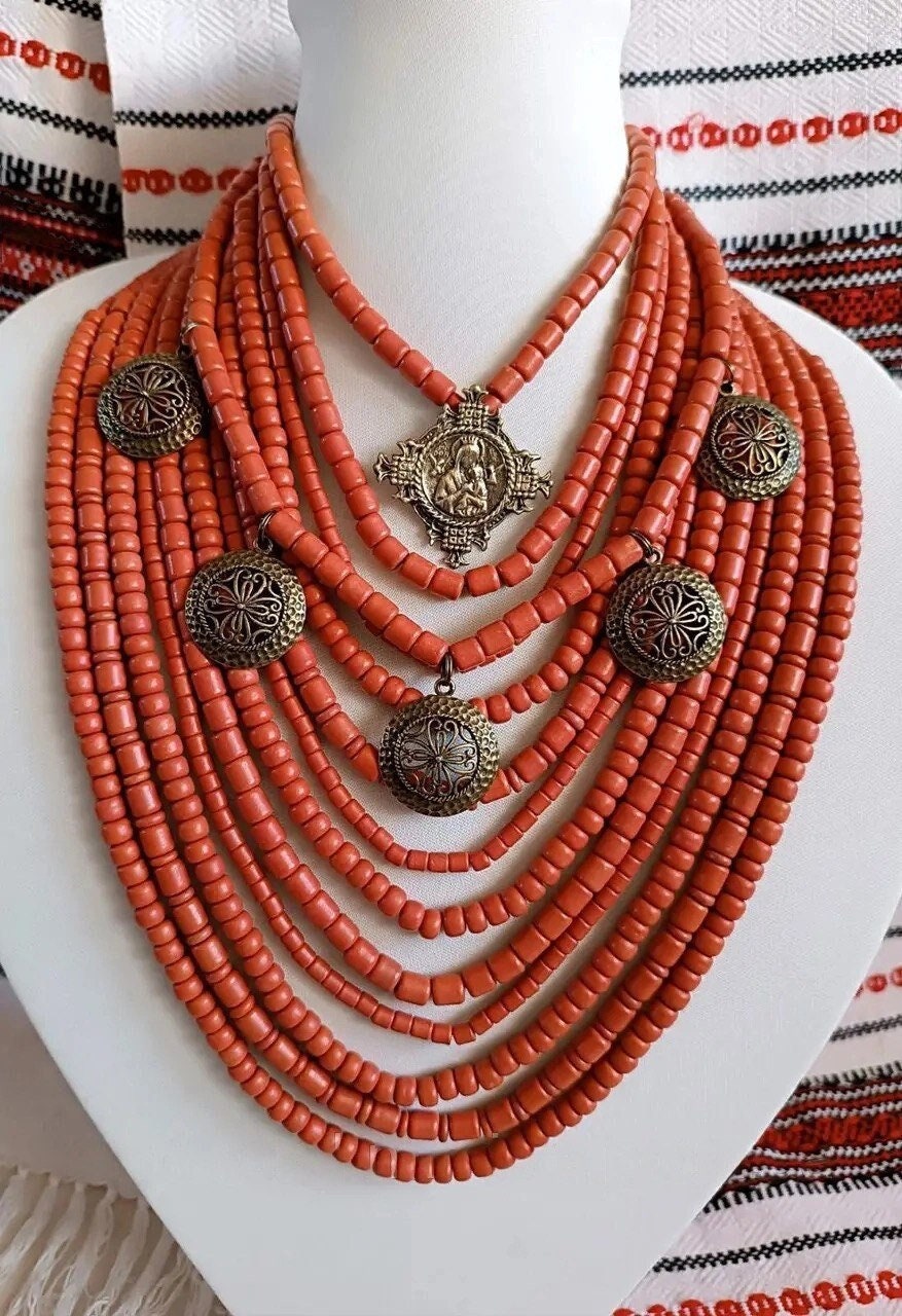 Handmade Necklace Ukrainian Traditional Jewelry ceramic beads Necklace From Antique Fireplace Beads Ethnic accessories for mom slavic beads