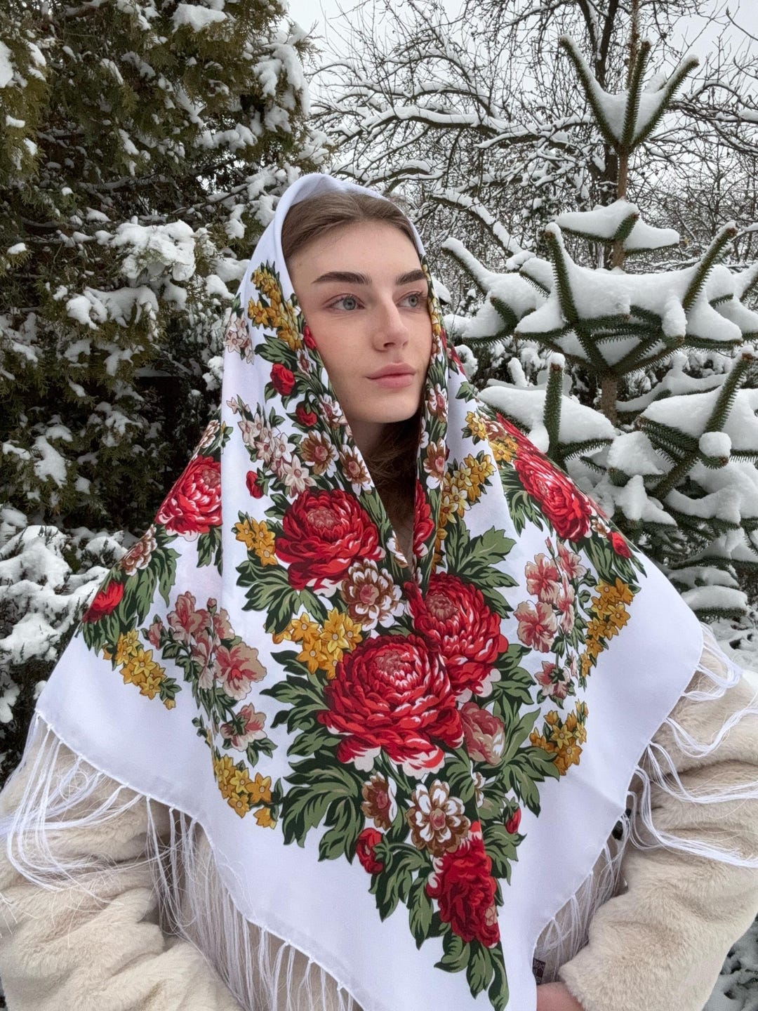 Ethnic Folk Wool Shawl Slavic White Floral Scarf Modern Chic Boho ...