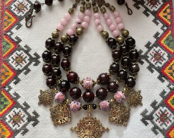 Handmade Venetian glass Necklace garnet Ukrainian Traditional Jewelry Slavic Necklace From Antique Fireplace Beads Ethnic Valentine's Day