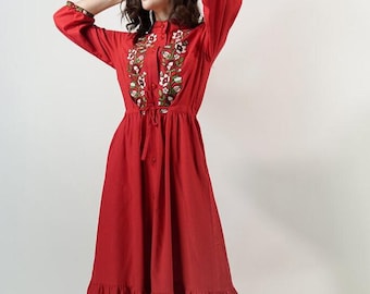 Red Vyshyvanka Dress, Ukrainian Embroidered Folk Dress, Boho Linen Style