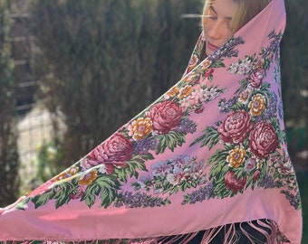 Ukrainian shawl traditional gifts for women pink wedding shawl boho shawl flower accessories for mom large ukrainian shawl chale folk boheme