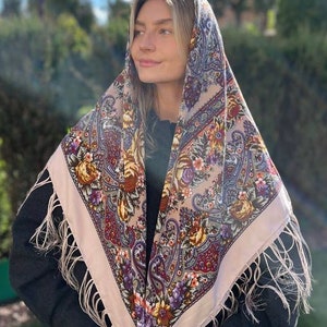 Beige floral scarf wool floral Boho Style Ukrainian Tradition Embroidered Shawl Flowers and Fringe Detailing foulard slave babushka scarf