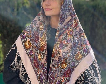 Beige floral scarf wool floral Boho Style Ukrainian Tradition Embroidered Shawl Flowers and Fringe Detailing foulard slave babushka scarf