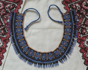 Blue Ukrainian Beaded Necklace – Seed Bead Collar Jewelry | Handmade Folk Gerdan | Statement Gift for Women