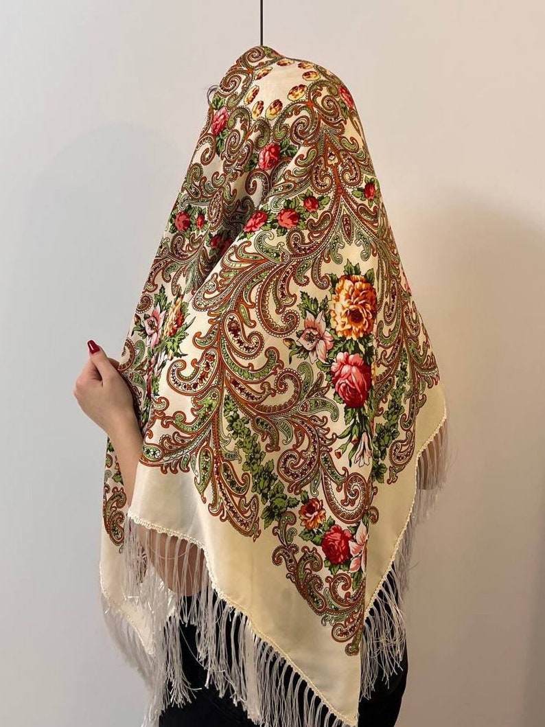 Ukrainian Scarf, Traditional Gifts for Women Boho Scarf Flower, Big Folk Scarf, folk slawisch Ethnic gift folklore schals babushka scarf image 2
