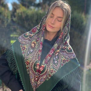 Green Ethnic Folk Ukrainian Wool Shawl Babushka Floral Scarf Modern Chic Boho Gift for Her Ethnic Shawl Floral Scarf Slavic Scarf