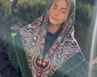 Green Ethnic Folk Ukrainian Wool Shawl Babushka Floral Scarf Modern Chic Boho Gift for Her Ethnic Shawl Floral Scarf Slavic Scarf